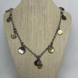 Chico’s Silver & Gold Coin Necklace – 29” Long / 14.5” Drop (EUC)